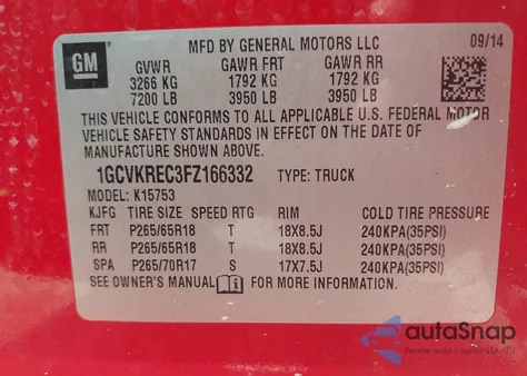 2015 Chevrolet Silverado 1500 2Lt from USA, damaged, VIN 1GCVKREC3FZ166332